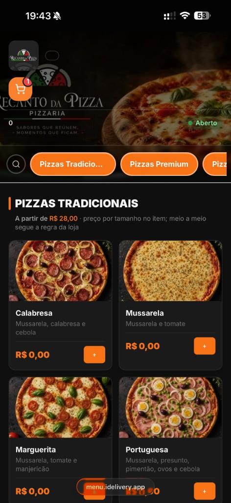 Cardápio digital público no celular, com categorias e itens