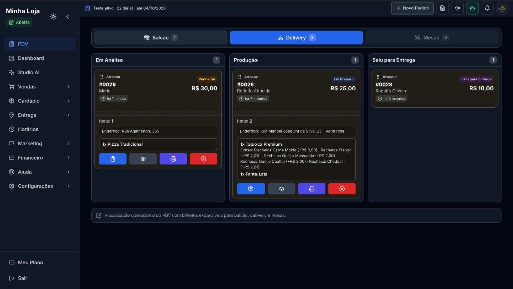 Painel do lojista iDelivery com PDV em colunas de pedidos