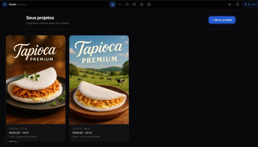 Studio by iDelivery no computador: lista de projetos e artes geradas por IA
